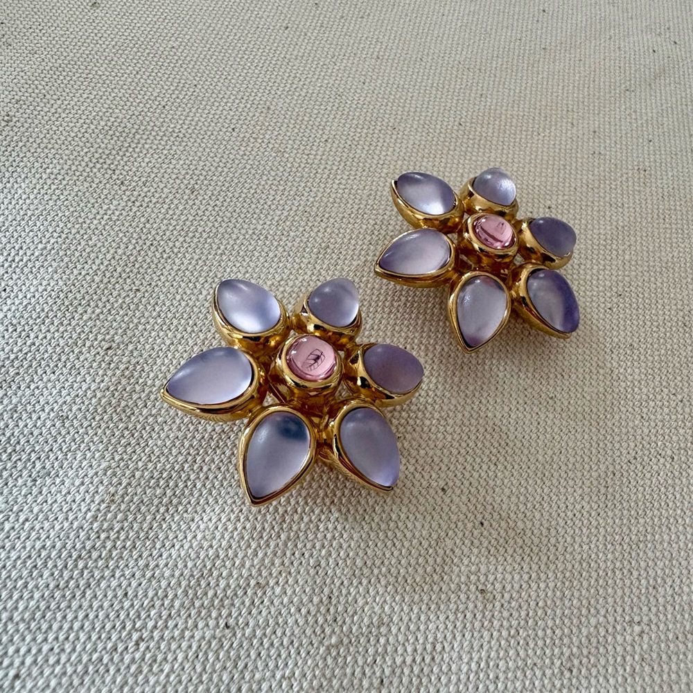 Vintage Signed Marvella Gold Toned and Purple Floral Statement Clip-on Earrings
